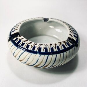 Vintage Hand-painted Blue Brown Porcelain Ceramic Ashtray Trinket Dish